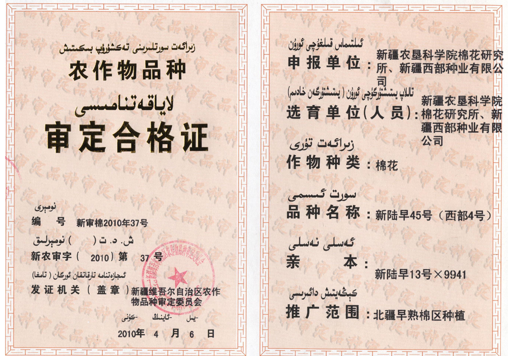 新陆早45号（西部4号）审定合格证